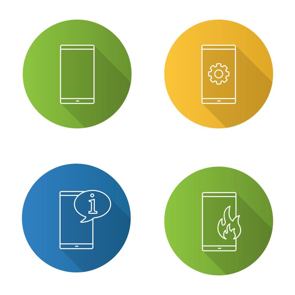 Phone communication flat linear long shadow icons set. Smartphone, cell phone settings, info chat, fire emergency calling. Vector outline illustration