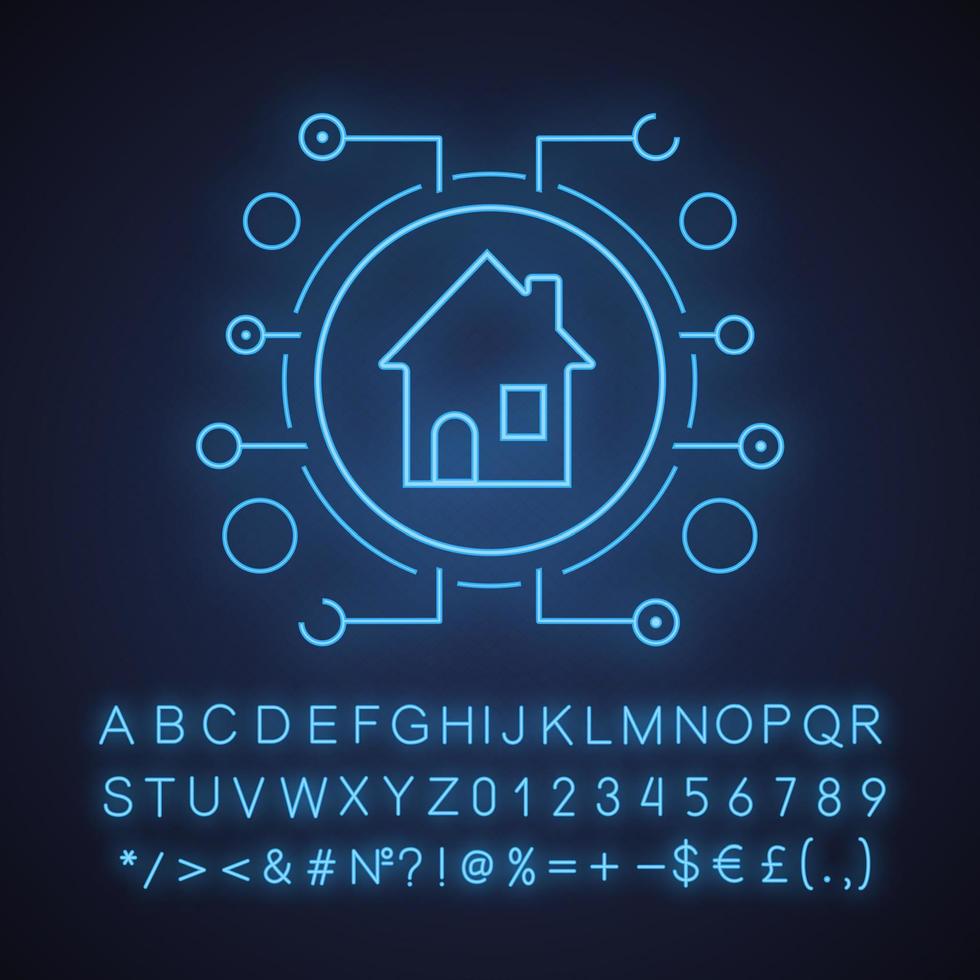 Smart house neon light icon. Smart home in microchip pathways. Glowing sign with alphabet, numbers and symbols. Vector isolated illustration