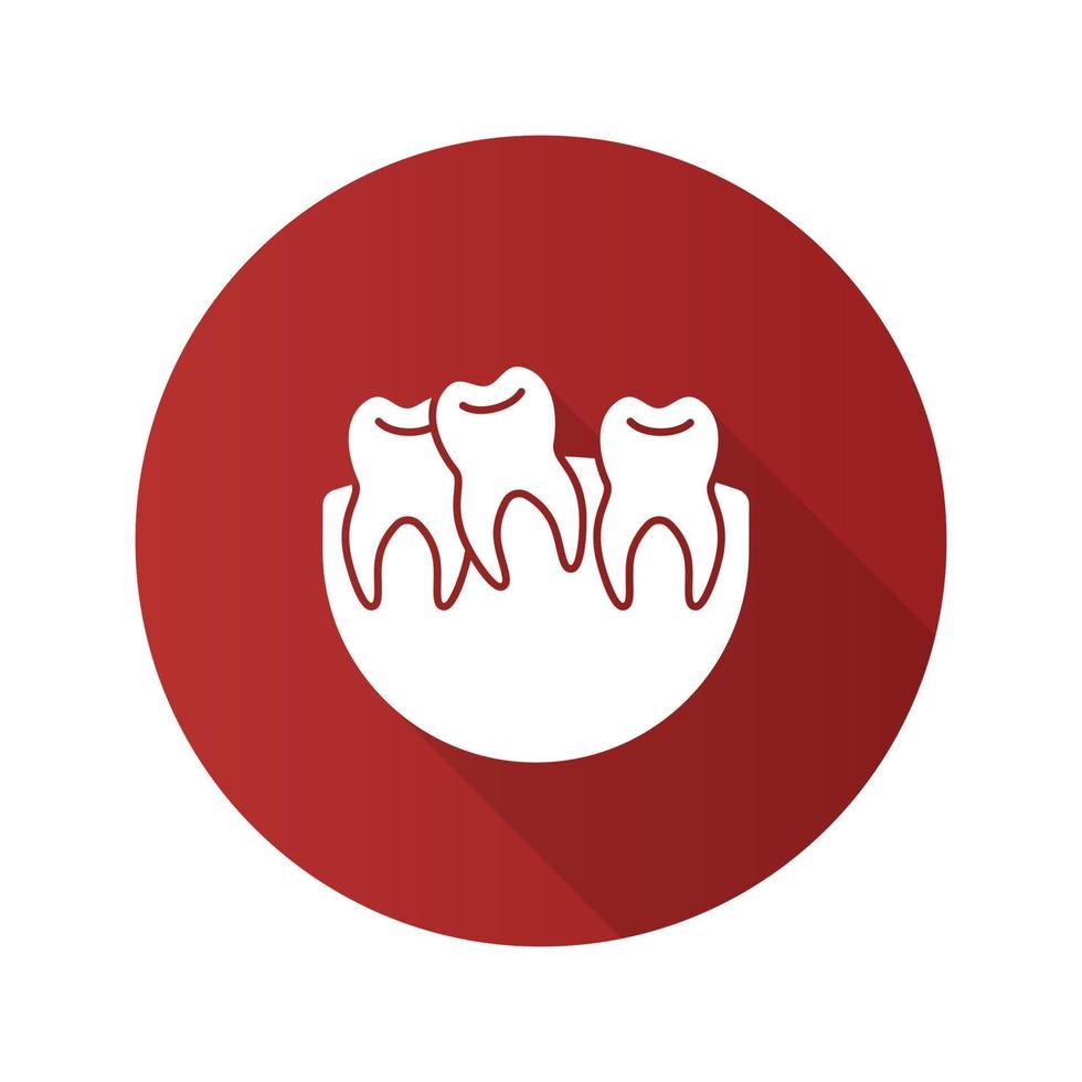 Crooked teeth flat design long shadow glyph icon. Malocclusion. Wisdom tooth problem. Vector silhouette illustration