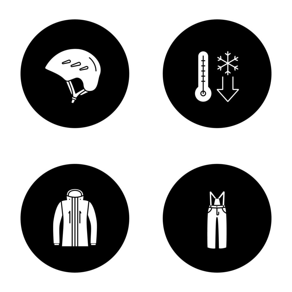 Winter activities glyph icons set. Helmet, winter temperature, ski jacket and pants. Vector white silhouettes illustrations in black circles