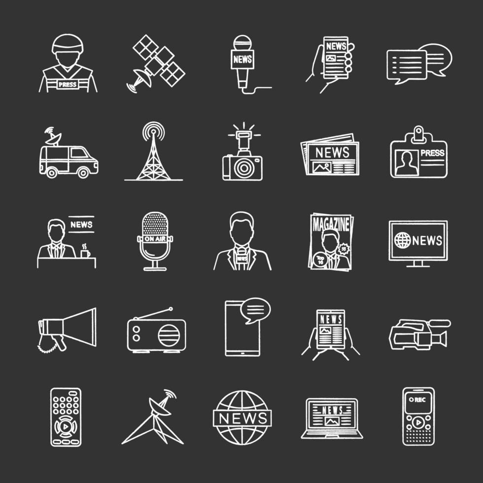 Mass media chalk icons set. Press. Television, radio broadcasting. Isolated vector chalkboard illustrations