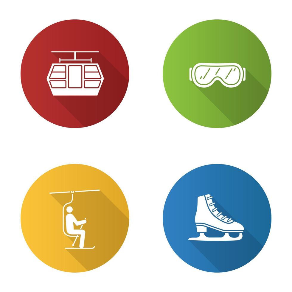 Winter activities flat design long shadow glyph icons set. Funicular, ski goggles, chairlift, ice skate. Vector silhouette illustration