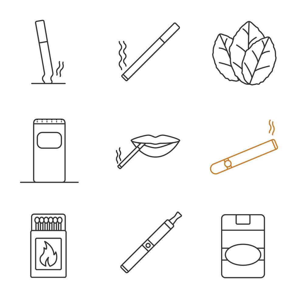 Smoking linear icons set. Stubbed out and burning cigarettes, tobacco leaves, garbage bin, smoker, cigar, matchbox, vape, cigarette pack. Thin line contour symbol. Isolated vector outline illustration