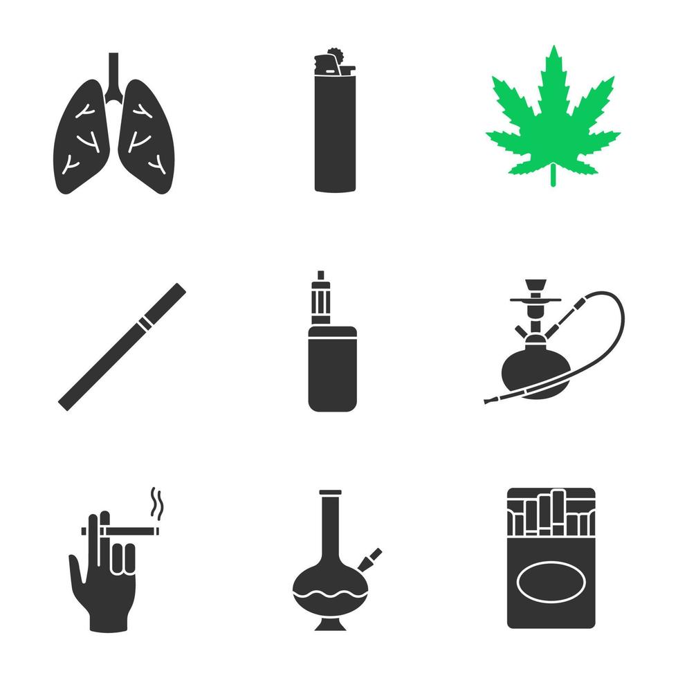 Smoking glyph icons set. Human lungs, flip lighter, marijuana leaf, cigarettes pack, hookah, smoker hand, bong, vape. Silhouette symbols. Vector isolated illustration