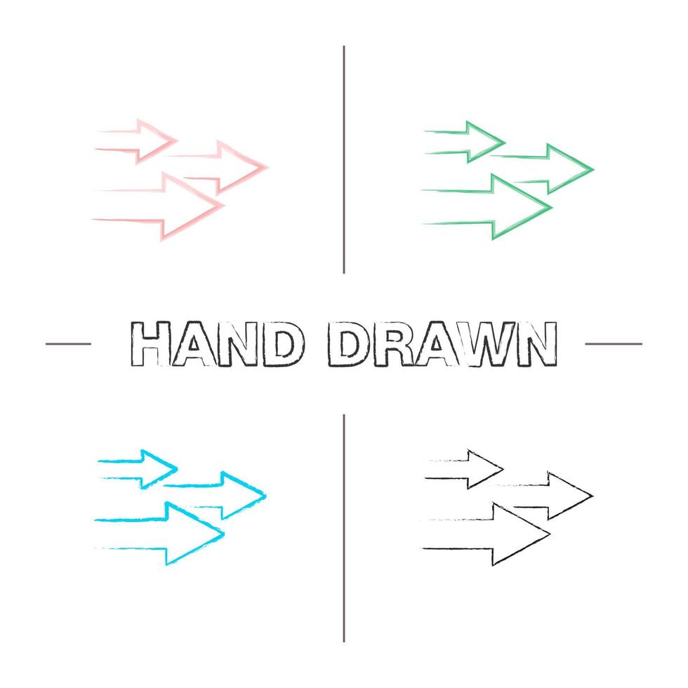 Speed arrows hand drawn icons set. Fast motion. Color brush stroke. Isolated vector sketchy illustrations