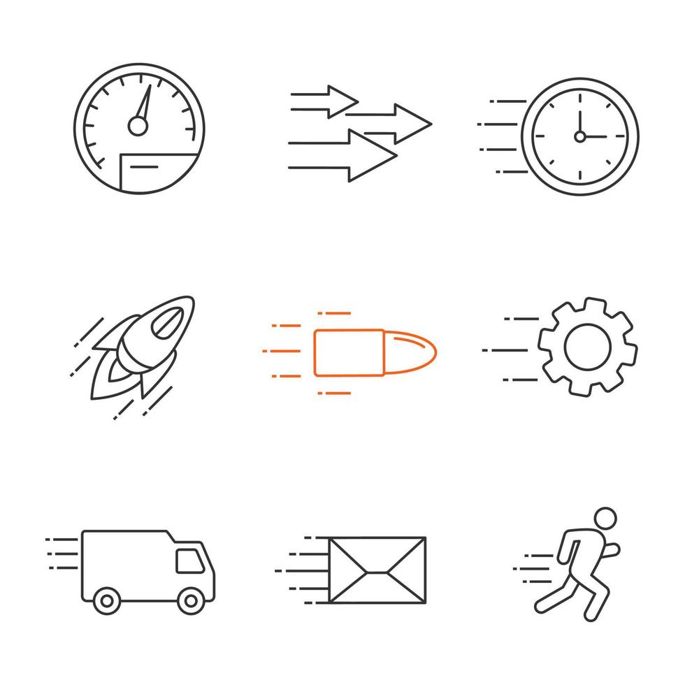 Motion linear icons set. Speed. Flying clock, startup, bullet, cogwheel, van, mailing, running man, speedometer, arrows. Thin line contour symbols. Isolated vector outline illustrations