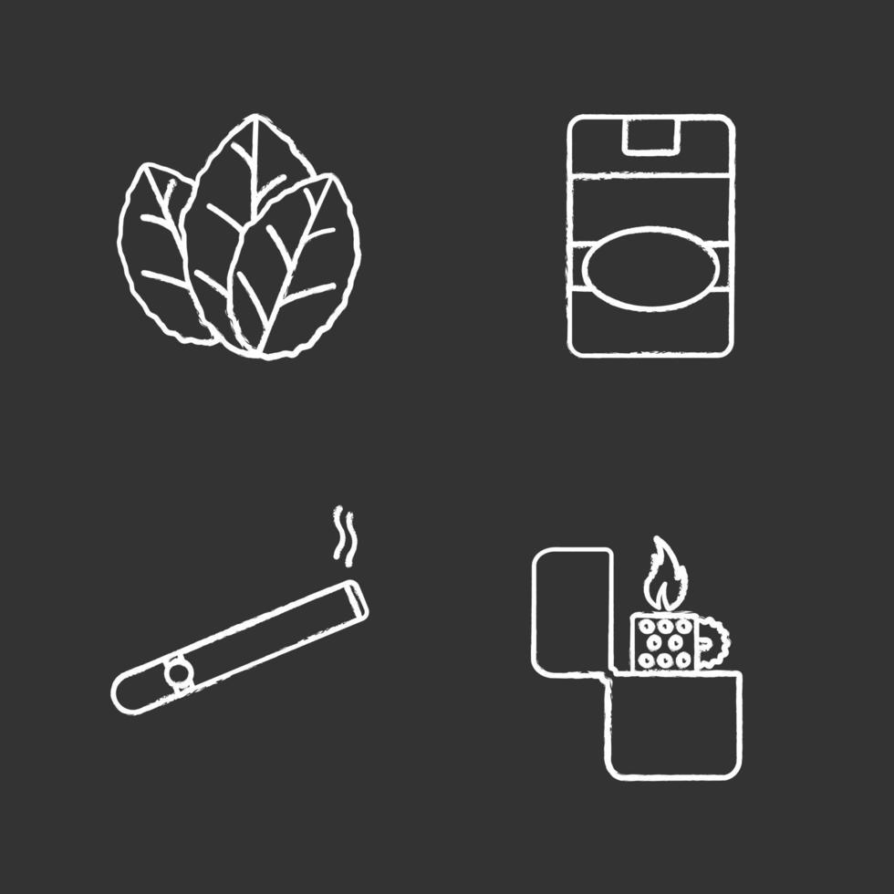 Smoking chalk icons set. Tobacco leaves, flip lighter, burning cigar, cigarette pack. Isolated vector chalkboard illustrations