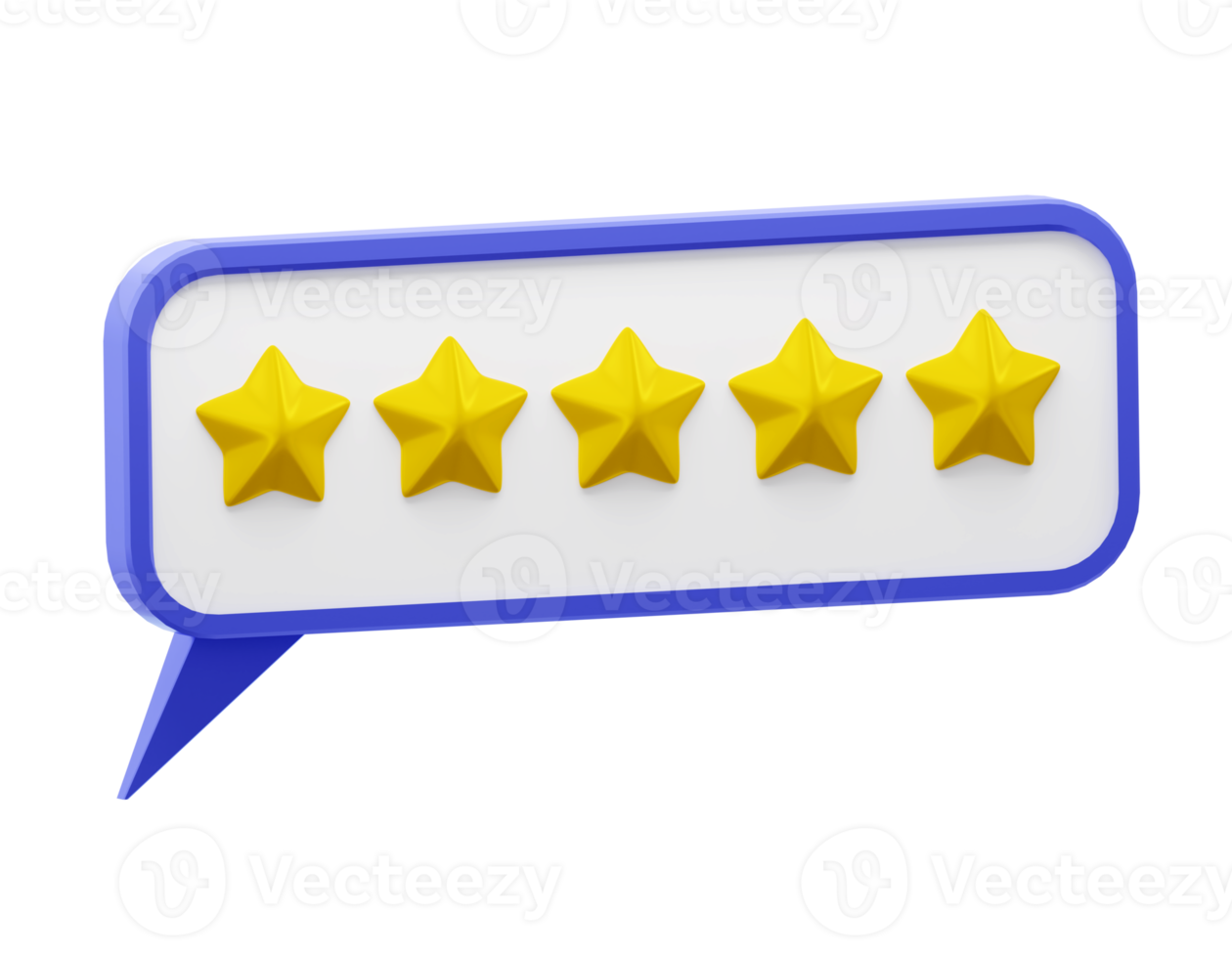 Speech bubble with glossy yellow stars. Review rating bubble. Customer reviews five stars rate 3d png