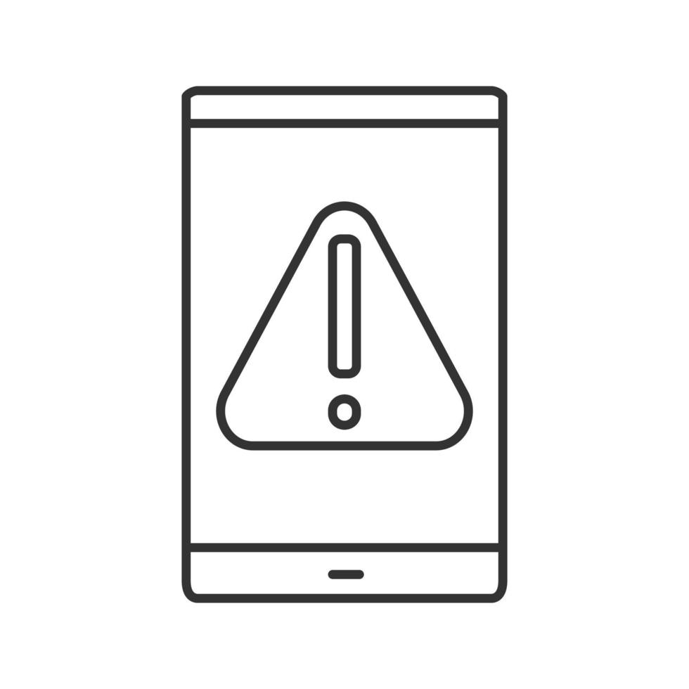 Smartphone error linear icon. Thin line illustration. Warning notification. Mobile phone screen with exclamation mark. Contour symbol. Vector isolated outline drawing