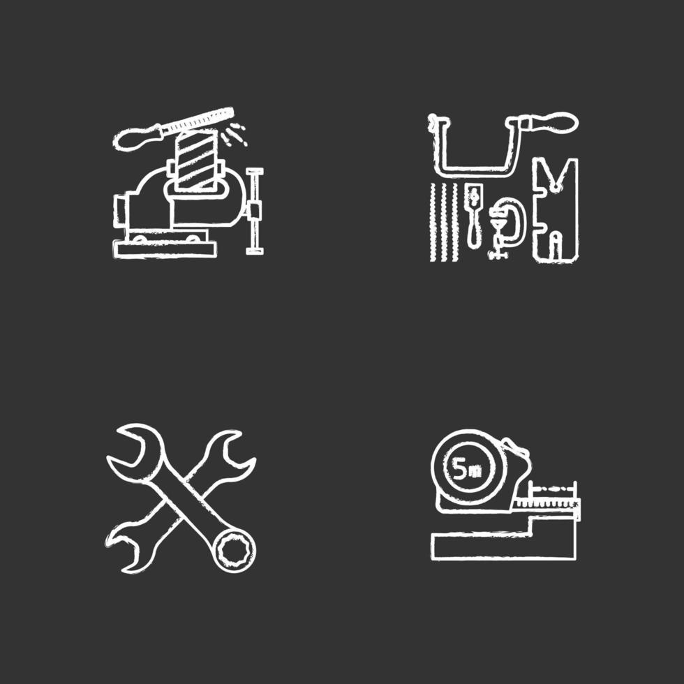 Construction tools chalk icons set. Bench vice with metal file, jeweler saw set, crossed wrenches, meter. Isolated vector chalkboard illustrations