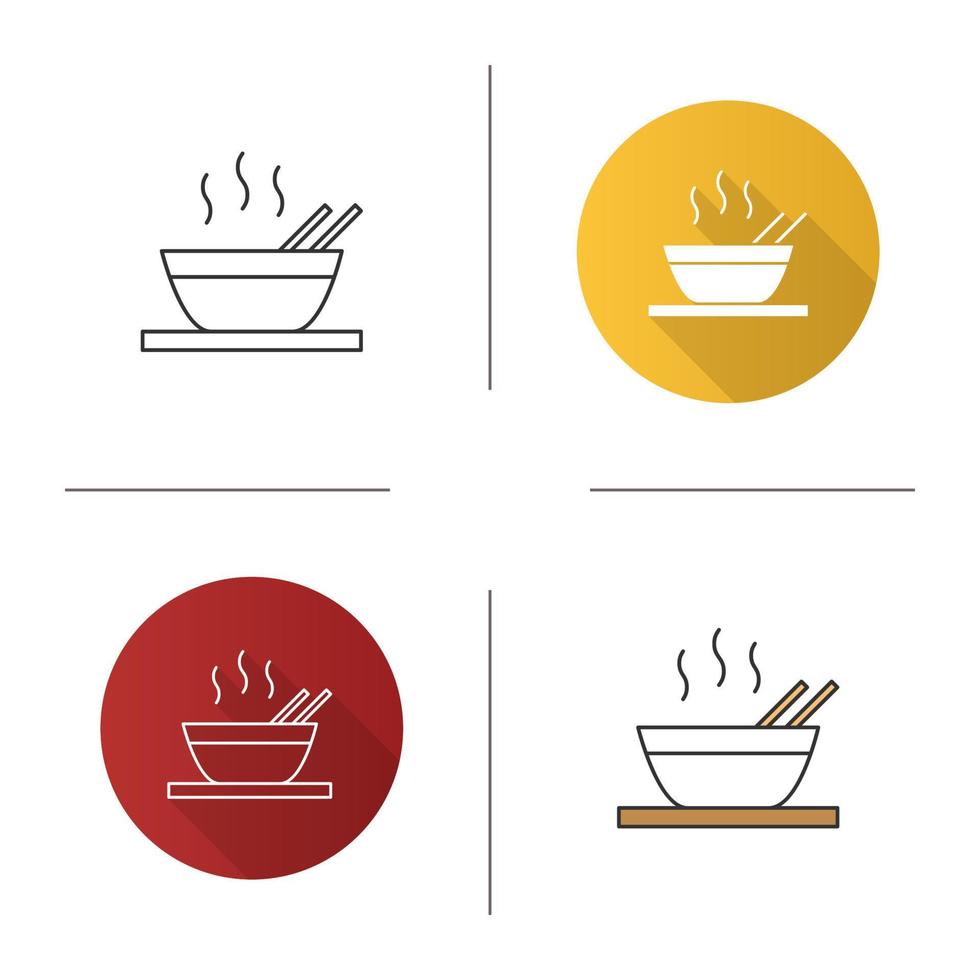 Hot chinese dish icon. Soup, ramen, rice or noodles. Flat design, linear and color styles. Isolated vector illustrations