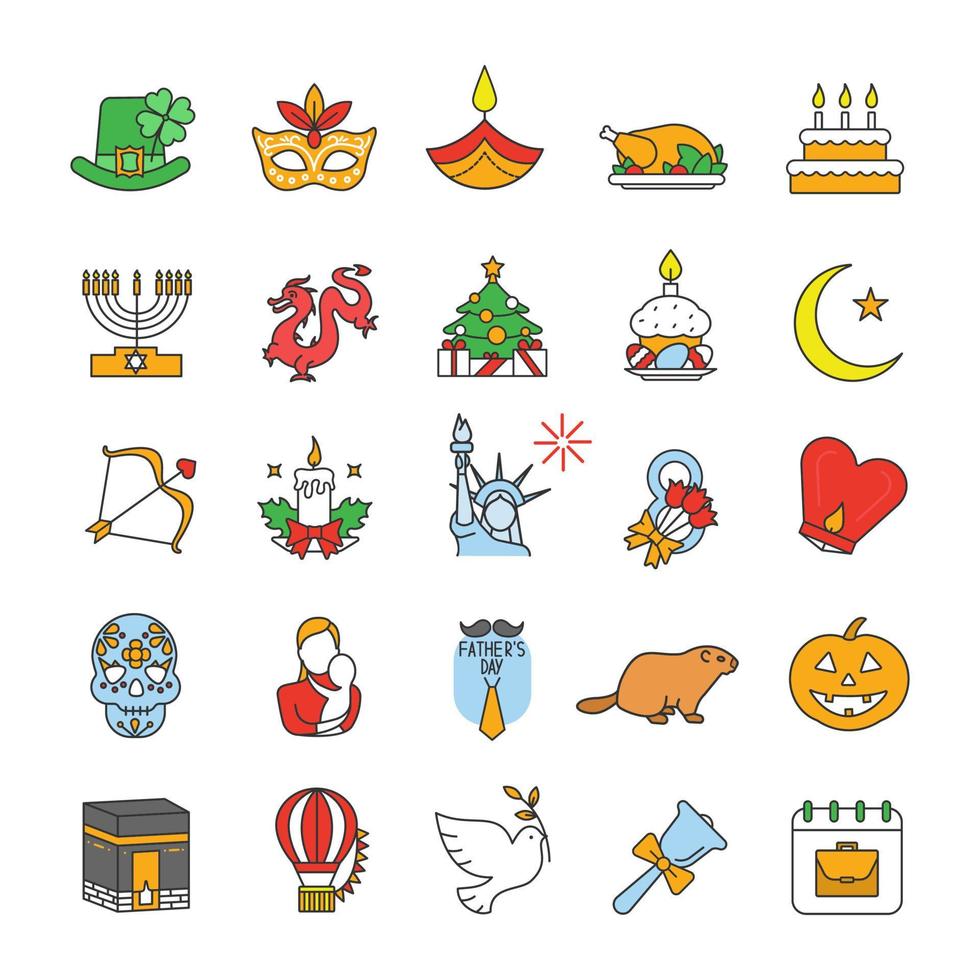 Holidays color icons set. Seasonal holidays of different countries. Greeting card ideas. Isolated vector illustrations