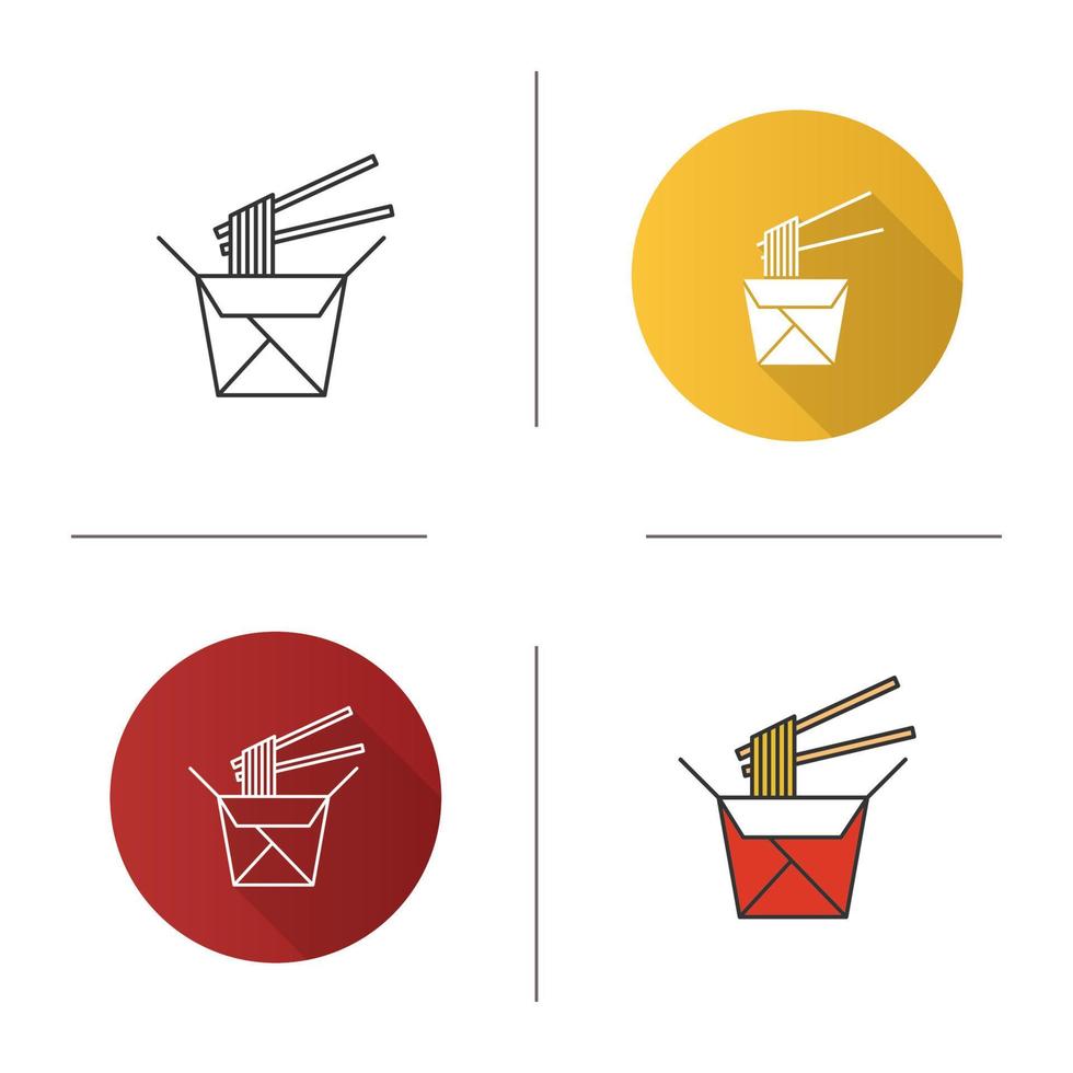 Chinese noodles in paper box and chopsticks icon. Wok noodles. Flat design, linear and color styles. Isolated vector illustrations