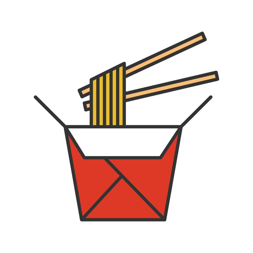 fideos chinos en caja de papel e icono de color de palillos. fideos al wok ilustración vectorial aislada vector