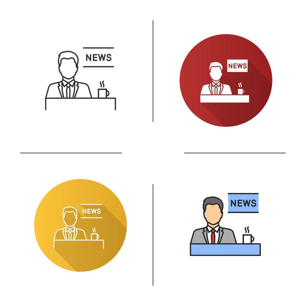 TV presenter icon. Newscaster. Morning news. Flat design, linear and color styles. Isolated vector illustrations