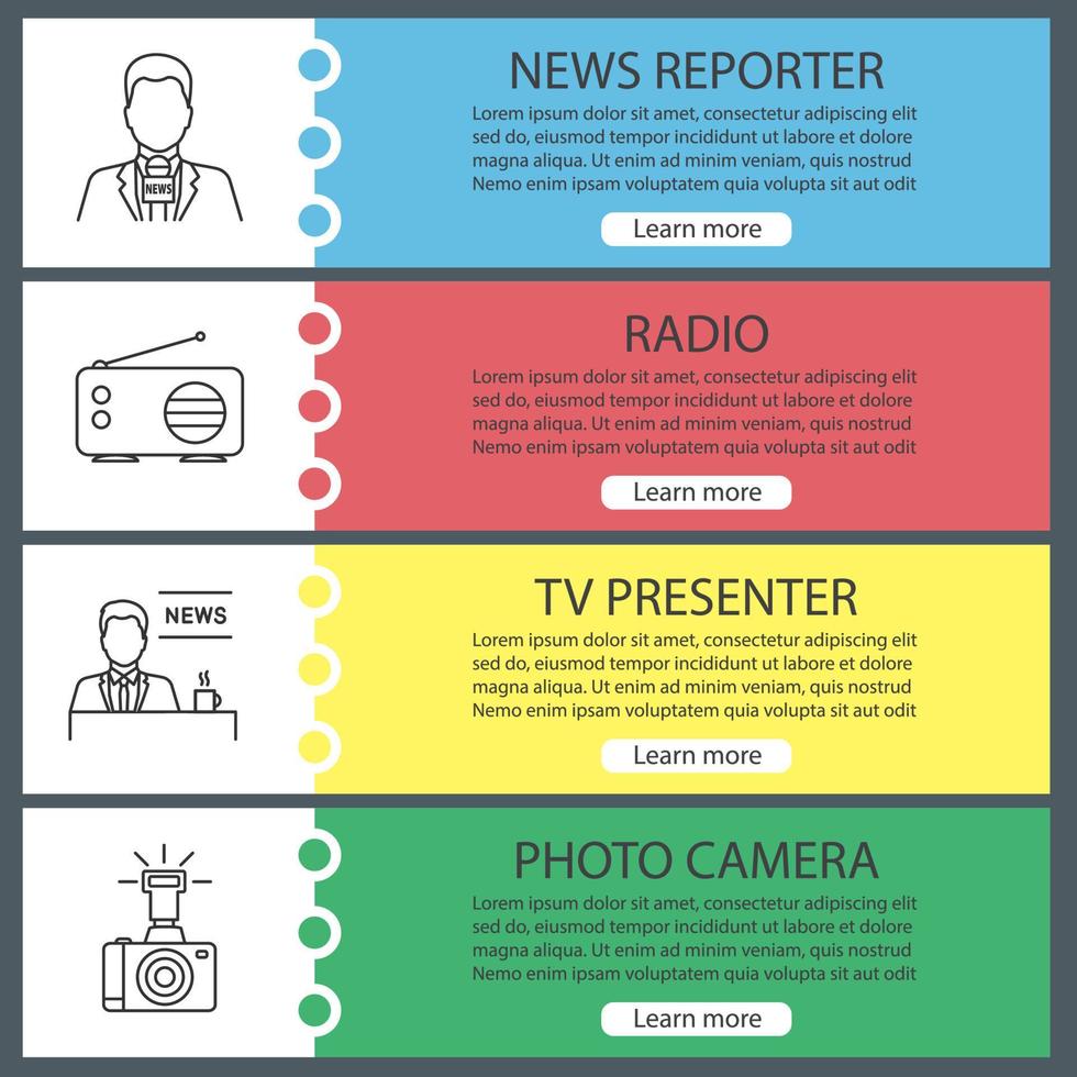 Mass media web banner templates set. News reporter, radio, TV presenter, photo camera. Website color menu items with linear icons. Vector headers design concepts