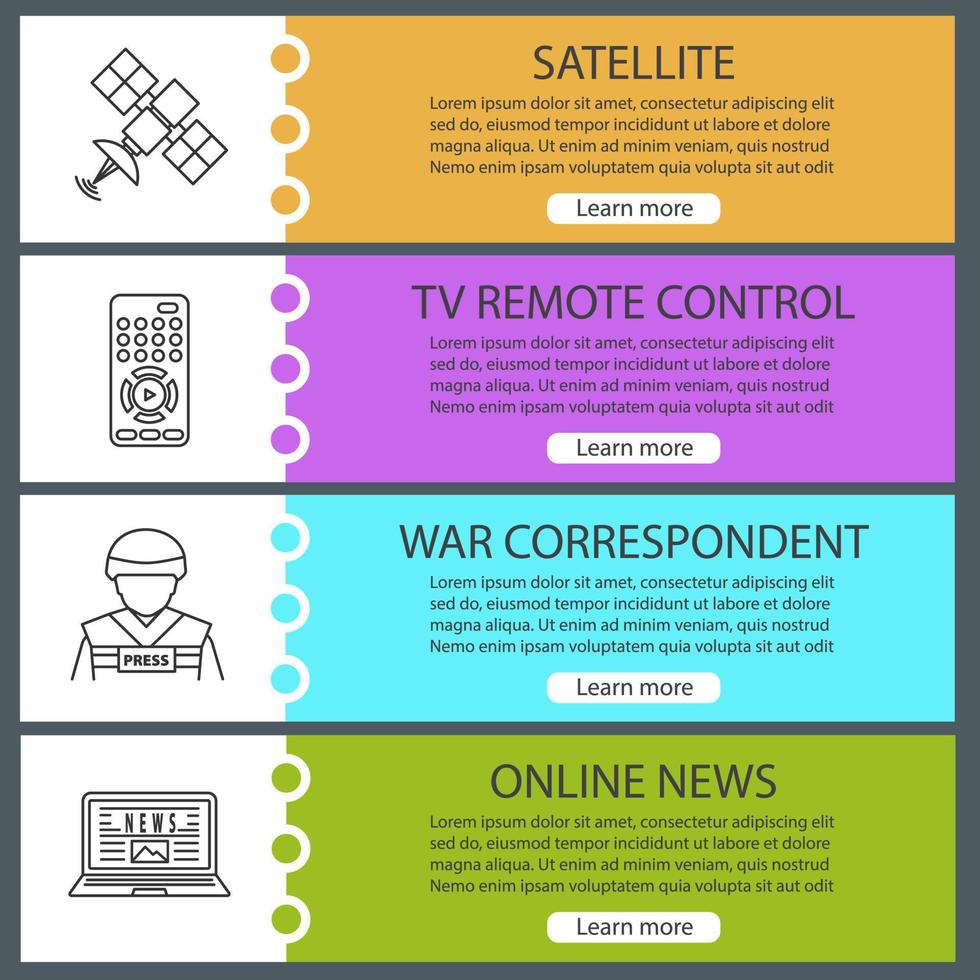 conjunto de plantillas de banner web de medios masivos. señal satelital, control remoto de tv, corresponsal de guerra, noticias en línea. elementos del menú de color del sitio web con iconos lineales. conceptos de diseño de encabezados vectoriales vector