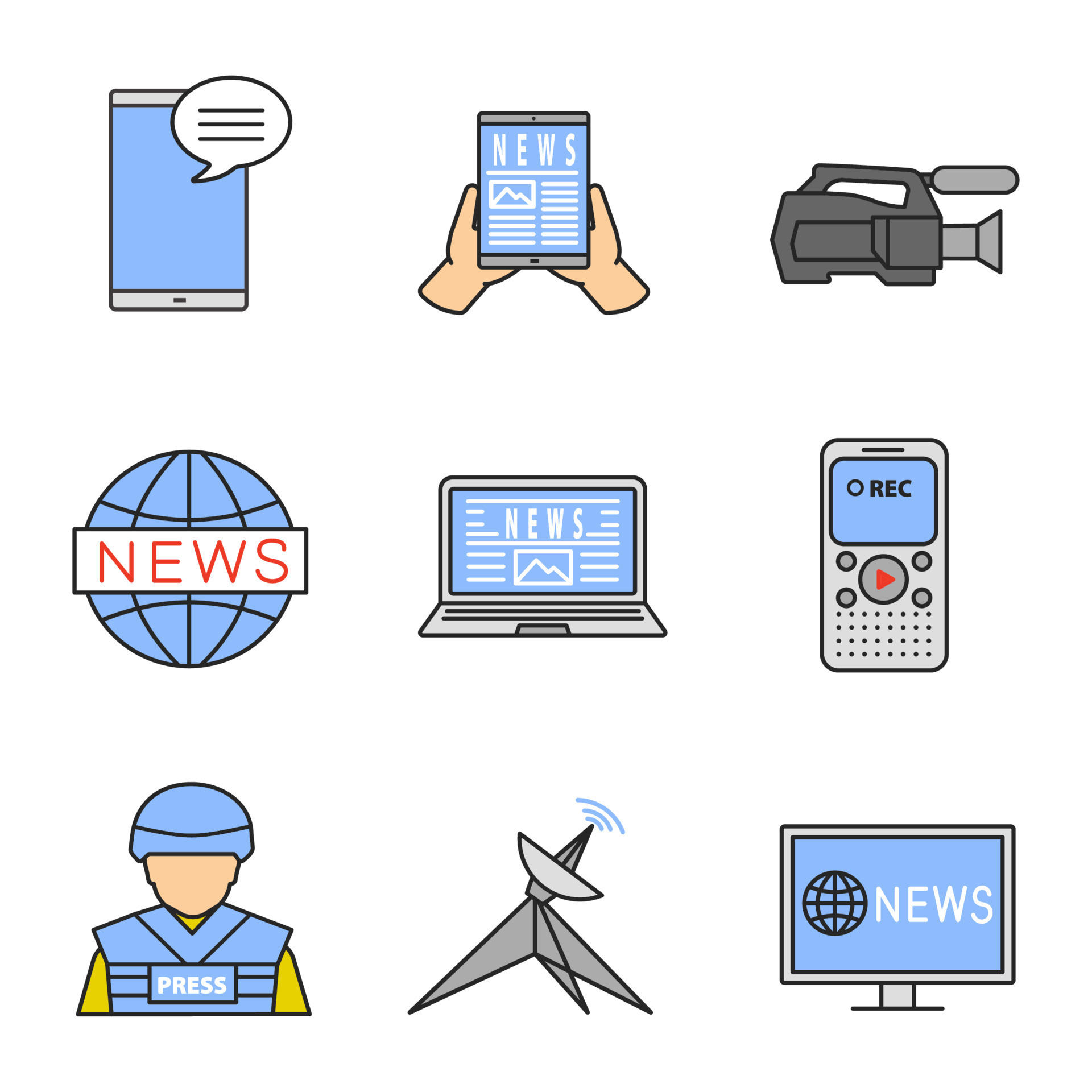 Mass media color icons set. Press. Chat, electronic newspaper, video camera,  dictaphone, global news, satellite dish, war journalist, TV. Isolated  vector illustrations 9343382 Vector Art at Vecteezy