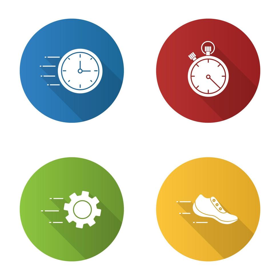 Motion flat design long shadow glyph icons set. Speed. Flying clock, stopwatch, gear, sneaker. Vector silhouette illustration