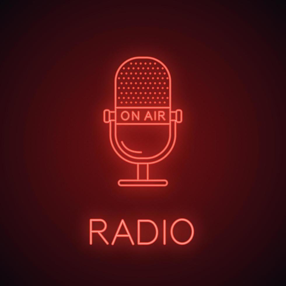 Microphone neon light icon. Radio broadcasting. On air glowing sign. Vector isolated illustration