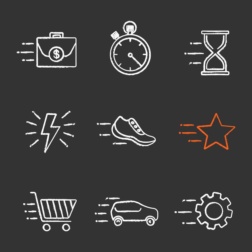 Motion chalk icons set. Flying briefcase, stopwatch, hourglass, sneaker, star, cogwheel, car, fast shopping, lightning bolt. Isolated vector chalkboard illustrations