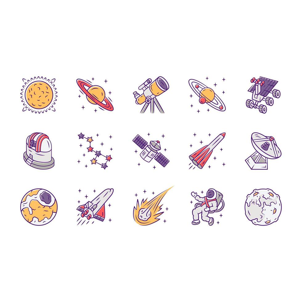 Astronomy color icons set. Space exploration. Astronomical observations. Starry sky study. Astrophysics, astrology. Celestial objects observing, studying. Isolated vector illustrations