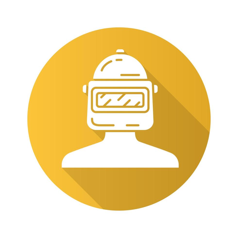 Game soldier flat design long shadow glyph icon. Player, soldier, warrior protective gear. Game inventory. Military equipment. Welder headgear, uniform. Welding helmet. Vector silhouette illustration