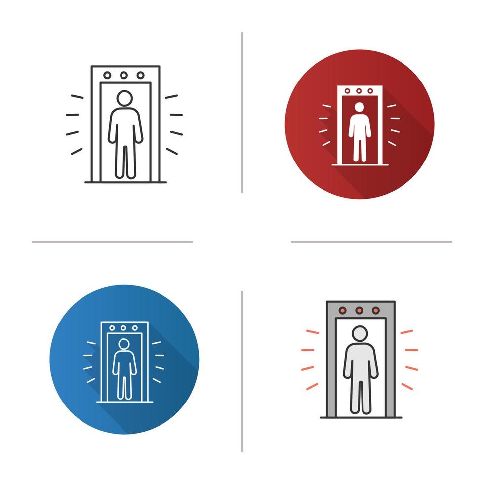 Signaling portal metal detector icon. Airport security scanner with person inside. Flat design, linear and color styles. Isolated vector illustrations