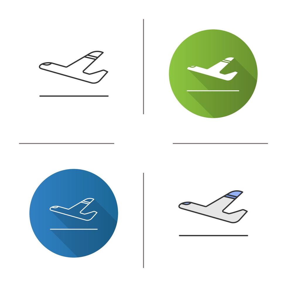 Airplane departure icon. Plane taking off. Flat design, linear and color styles. Isolated vector illustrations