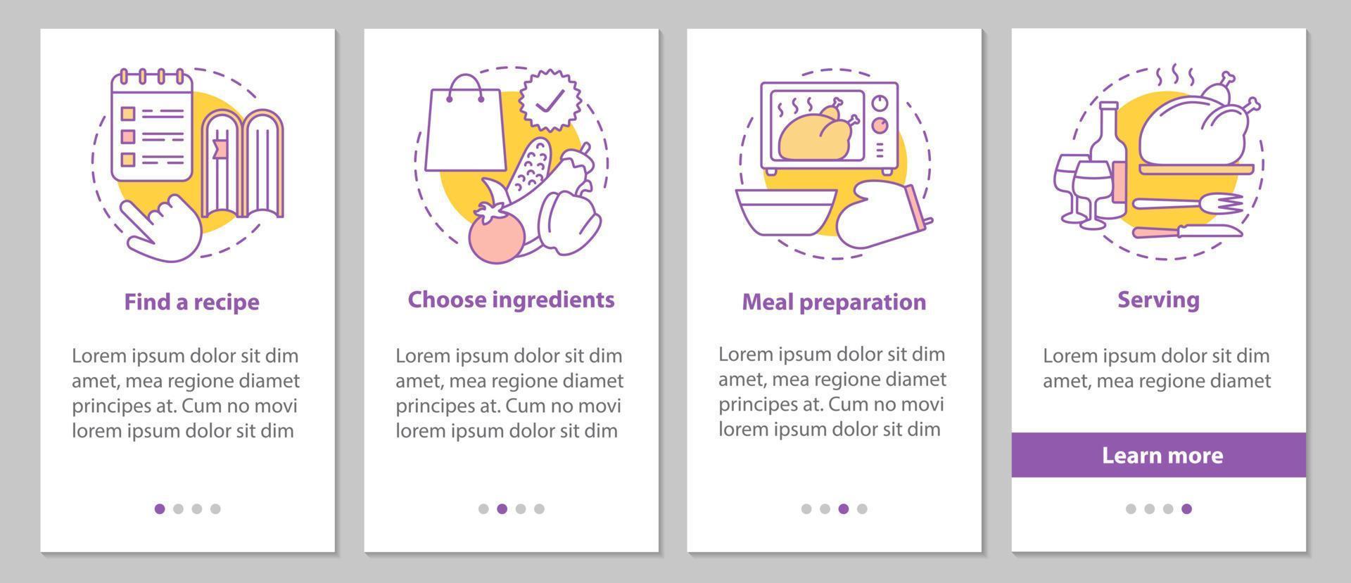 Catering onboarding mobile app page screen with linear concepts. Choosing recipes, ingredients, food preparation, serving steps graphic instructions. UX, UI, GUI vector template with illustrations