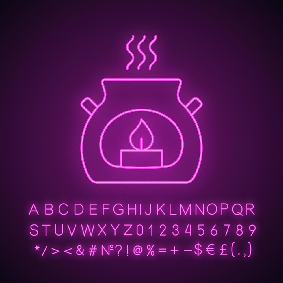 Spa salon aroma candle neon light icon. Aromatherapy. Glowing sign with alphabet, numbers and symbols. Vector isolated illustration