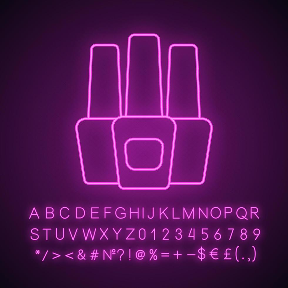 Nail polish bottles neon light icon. Glowing sign with alphabet, numbers and symbols. Vector isolated illustration