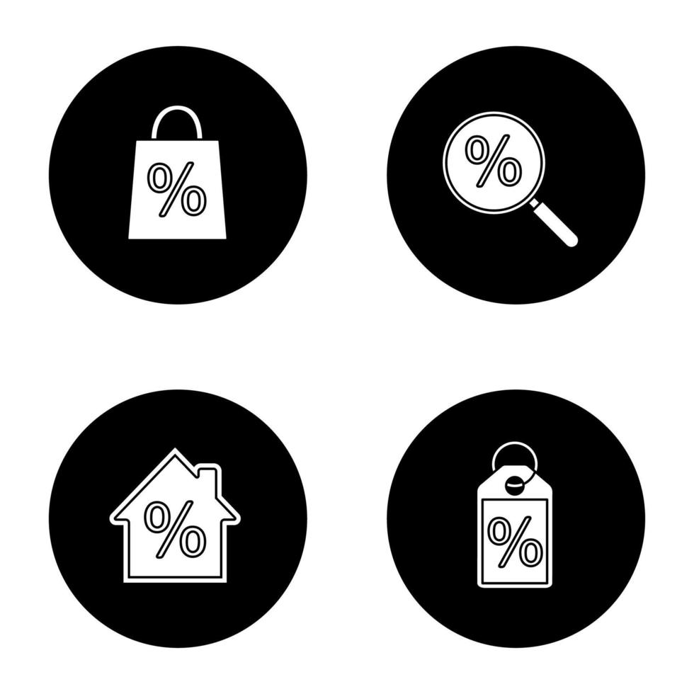 Percents glyph icons set. Sale, discounts search, house mortgage, tag with percent. Vector white silhouettes illustrations in black circles