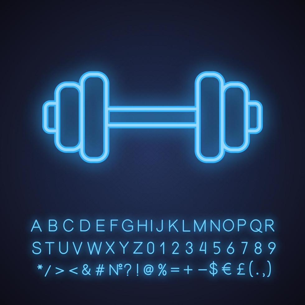 Gym neon light icon. Bodybuilding and weightlifting sport equipment. Dumbbell. Glowing sign with alphabet, numbers and symbols. Vector isolated illustration