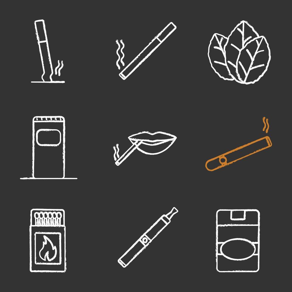 Smoking chalk icons set. Stubbed out and burning cigarettes, tobacco leaves, garbage bin, smoker's mouth, cigar, matchbox, vape, cigarette pack. Isolated vector chalkboard illustrations