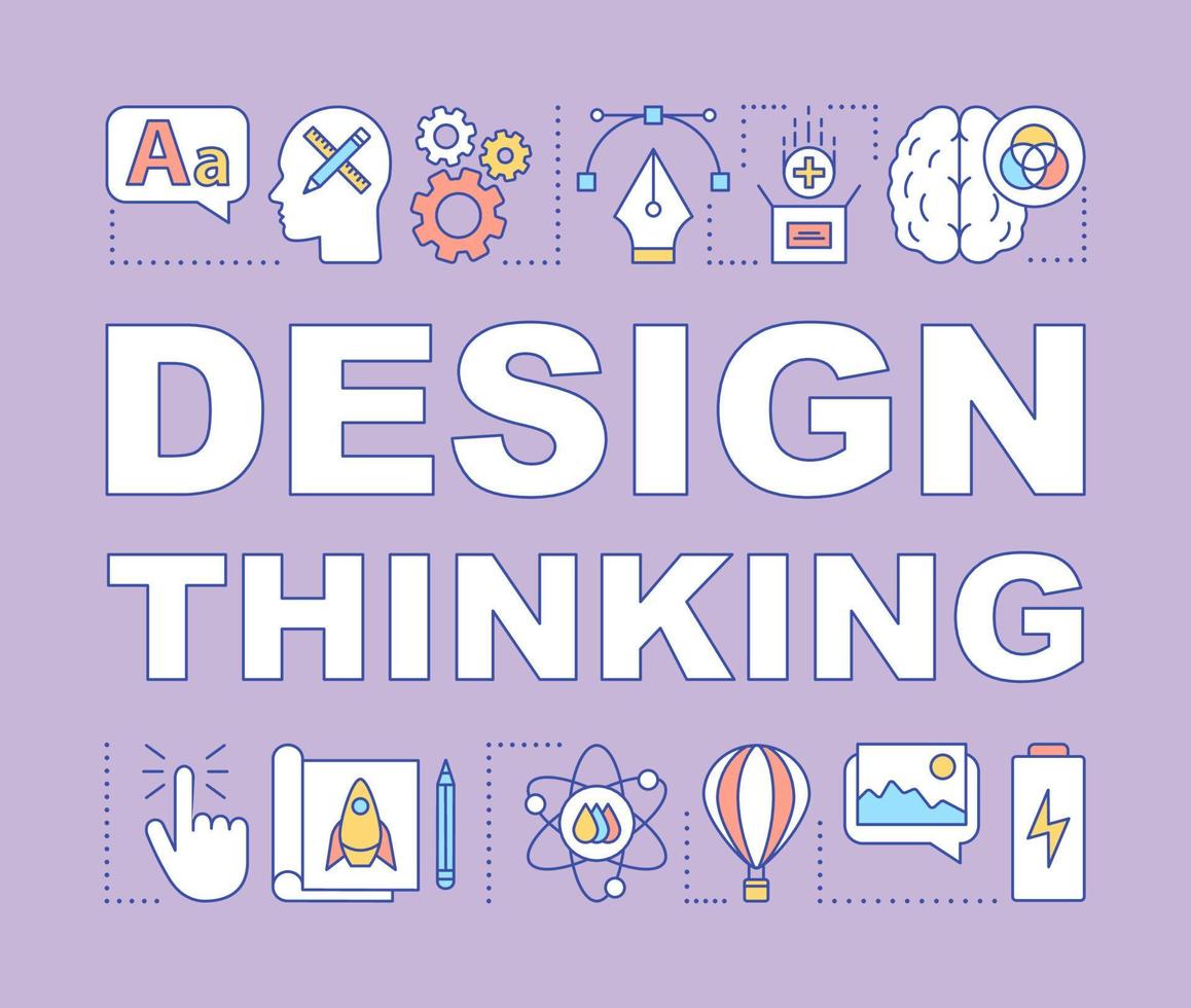 Design thinking word concepts banner. Creative work. Embodiment of idea. Visual solutions. Presentation, website. Isolated lettering typography idea with linear icons. Vector outline illustration