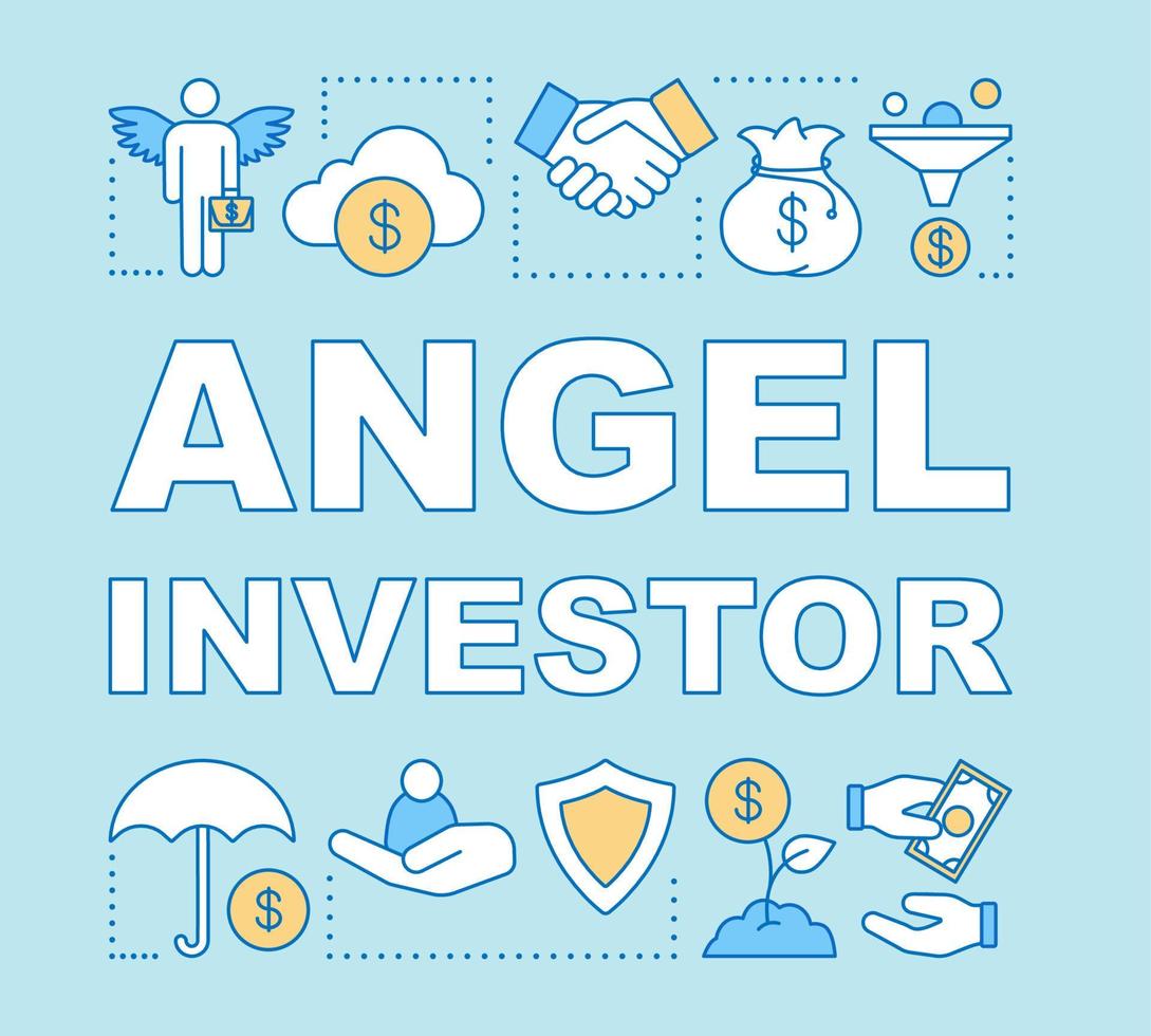 Angel investor word concepts banner. Private startup investment. Project funding, budgeting. Presentation, website. Isolated lettering typography idea with linear icons. Vector outline illustration