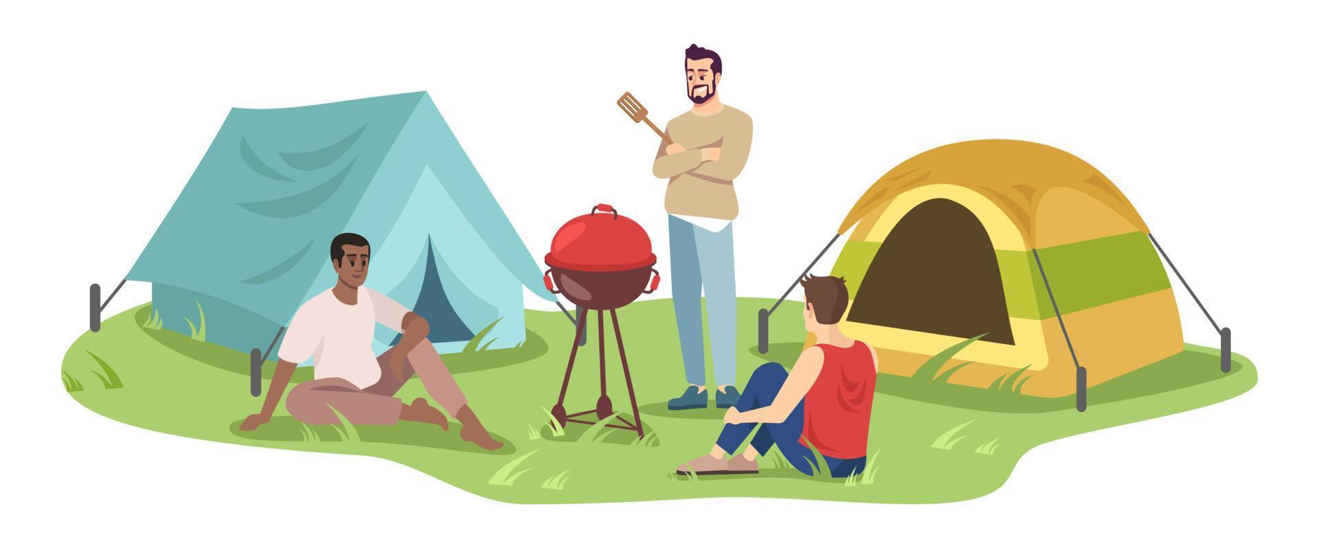 Ilustración de vector plano de camping de viaje. jóvenes campistas en personajes de dibujos animados de barbacoa. grupo de hombres felices en picnic, vacaciones de verano. recreación al aire libre estacional aislada sobre fondo blanco