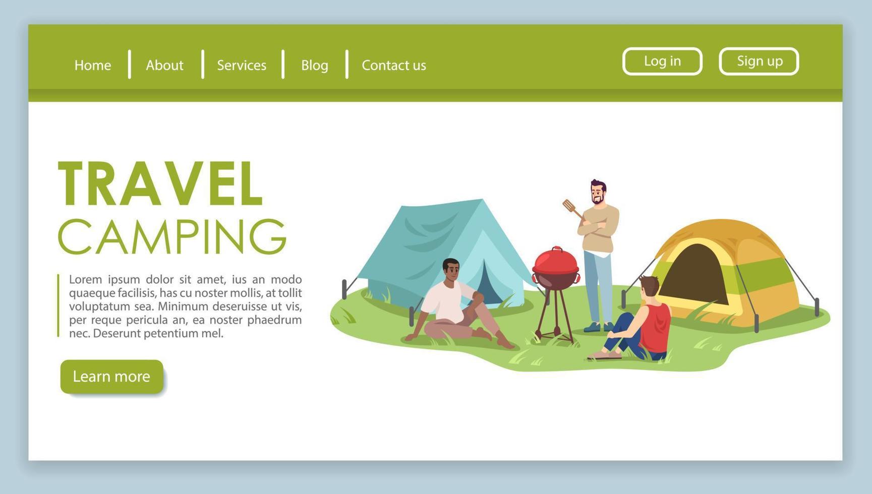 Travel camping landing page vector template. Nature recreation website interface idea with flat illustrations. Tourist agency homepage layout. Outdoor picnic web banner, webpage cartoon concept