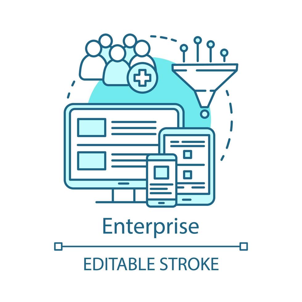 Enterprise concept icon. Digital marketing tools subscription tariff idea thin line illustration. Customer database. Display advertising. Vector isolated outline drawing. Editable stroke