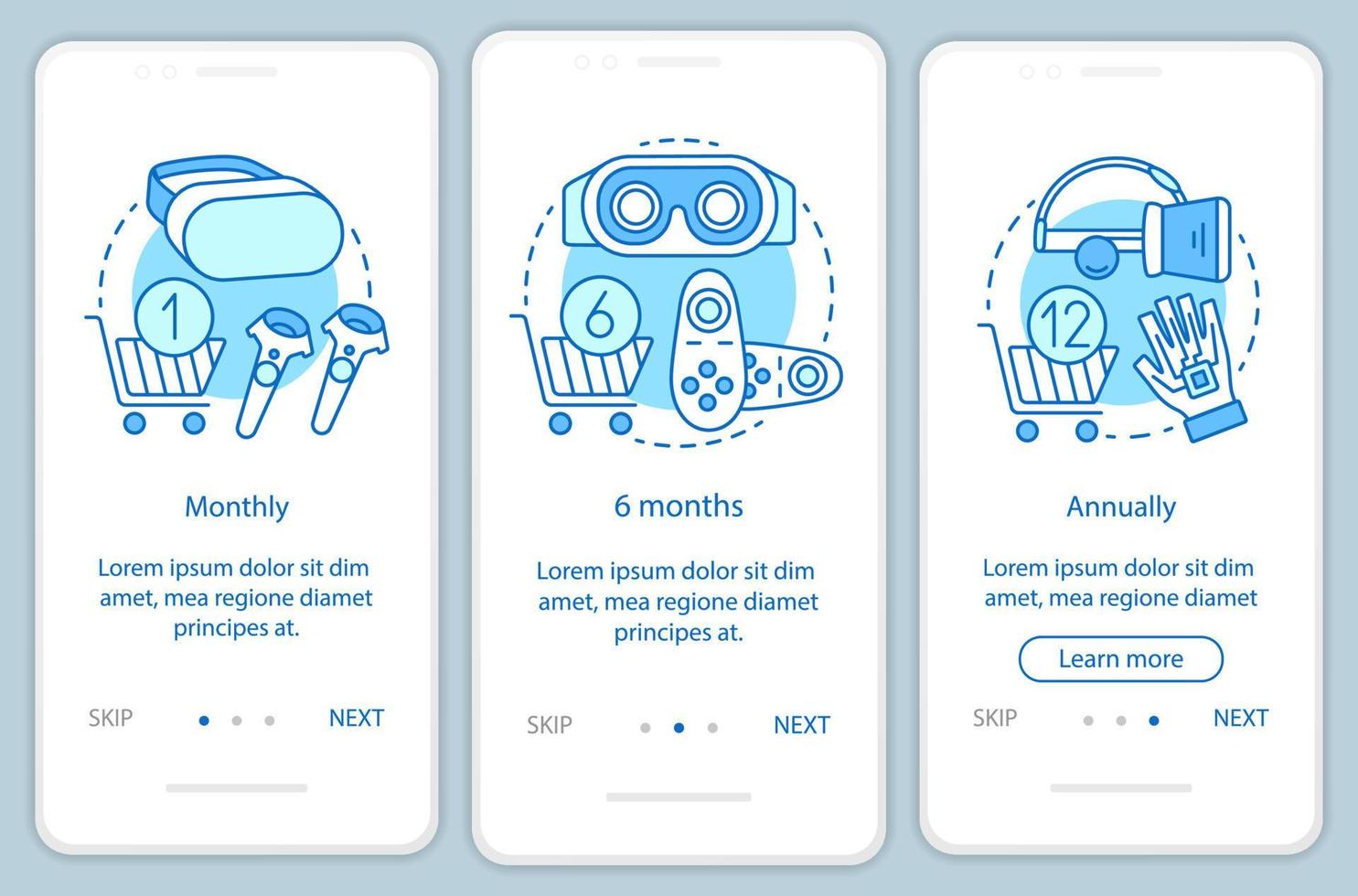 VR game subscription onboarding mobile app page screen with linear concepts. Three walkthrough steps graphic instructions. Monthly or annually tariffs. UX, UI, GUI vector template with illustrations