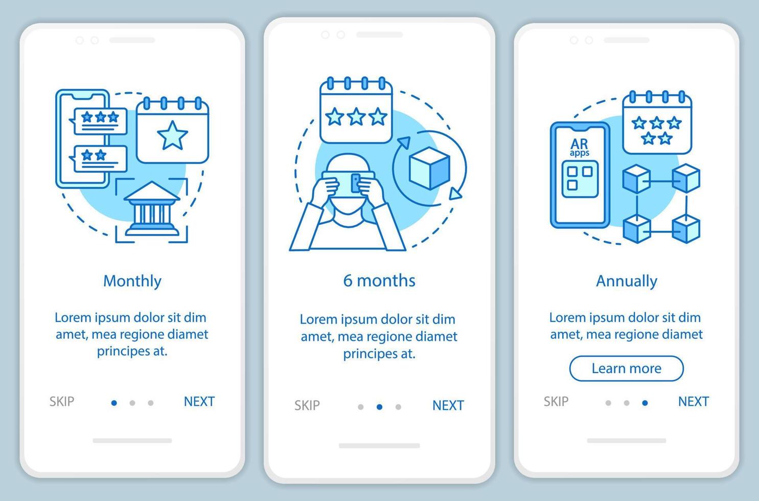 AR tool subscription onboarding mobile app page screen with linear concepts. Three walkthrough steps graphic instructions. Monthly or annually tariffs. UX, UI, GUI vector template with illustrations