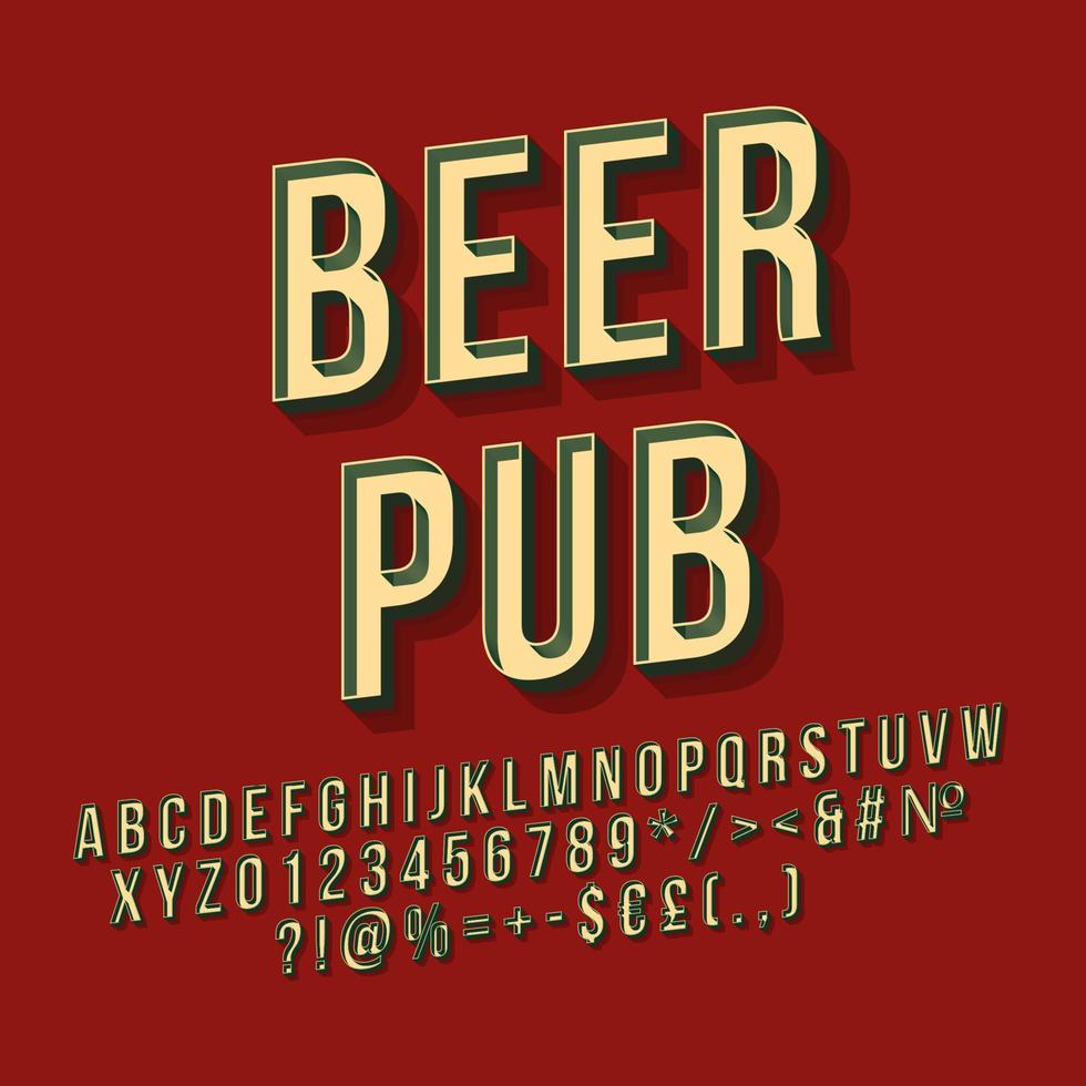 Beer pub 3d vector lettering. Retro bold font. Pop art stylized text. Old school style letters, numbers, symbols pack. Vintage poster, banner, signboard typography design. Dark red color background