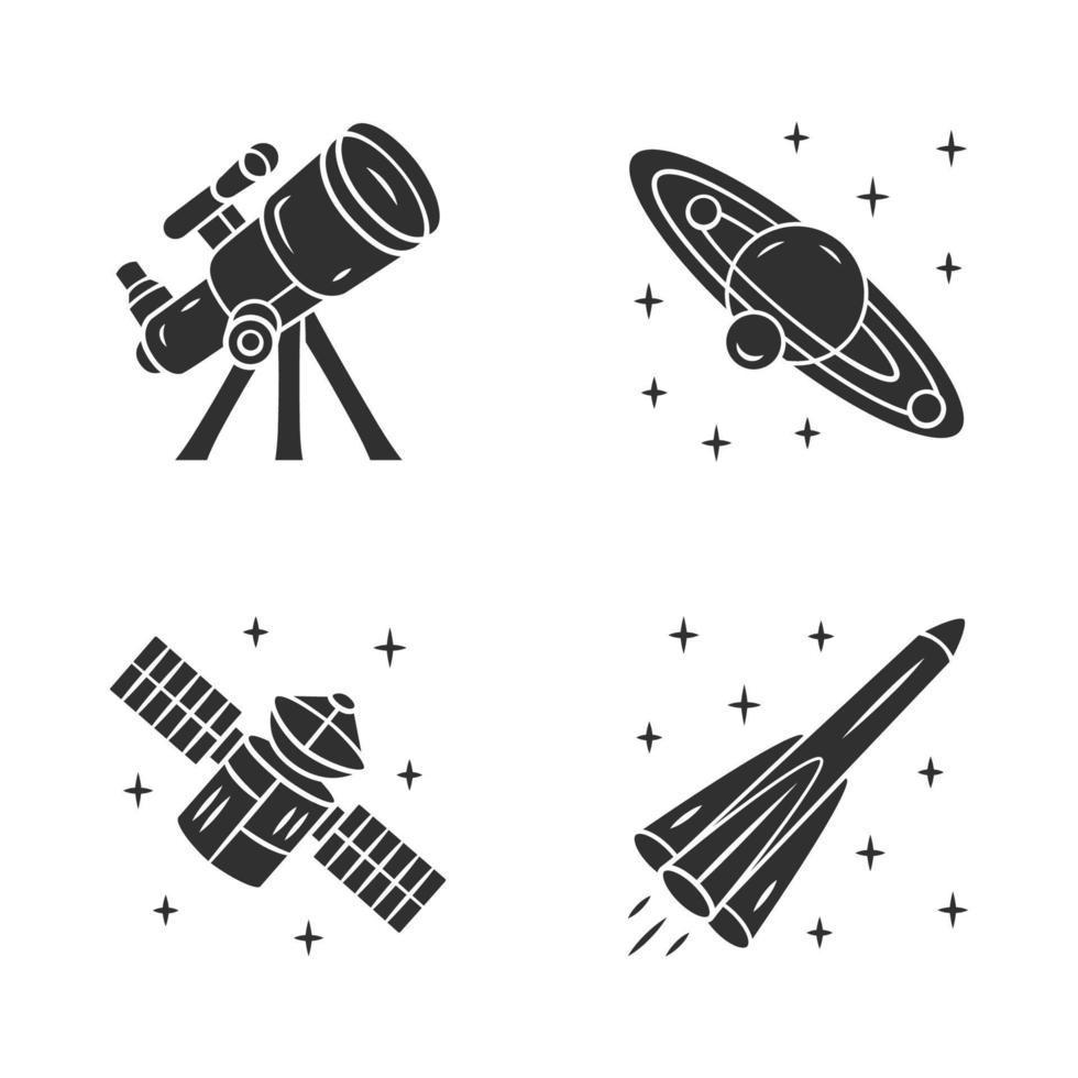 Astronomy glyph icons set. Space exploration. Telescope, Solar System, artificial satellite, rocket. Astrophysics. Space research. Cosmic mission. Silhouette symbols. Vector isolated illustration