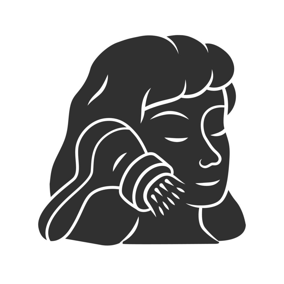 Face cleaning brush glyph icon. Pore cleaner. Comedone and blackhead removing. Beauty device for home use. Washing face with foam. Silhouette symbol. Negative space. Vector isolated illustration