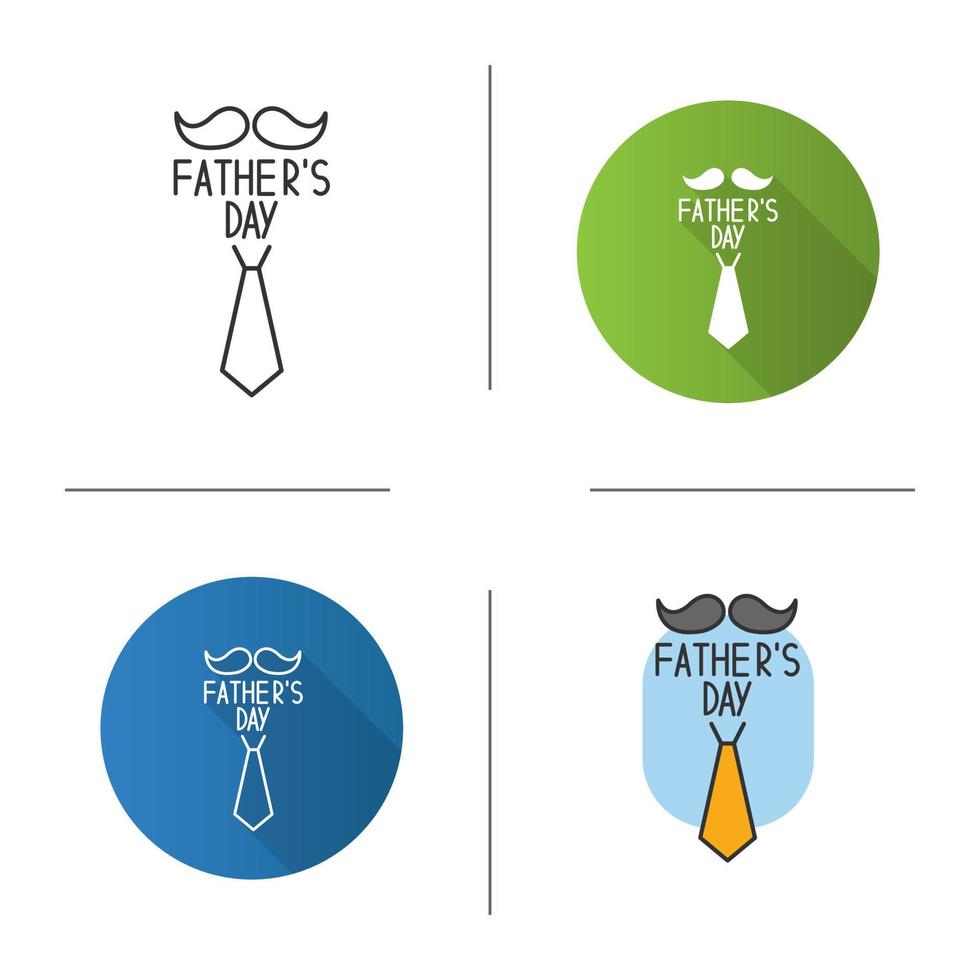 Fathers Day icon. Mustache and tie greeting card. Flat design, linear and color styles. Isolated vector illustrations