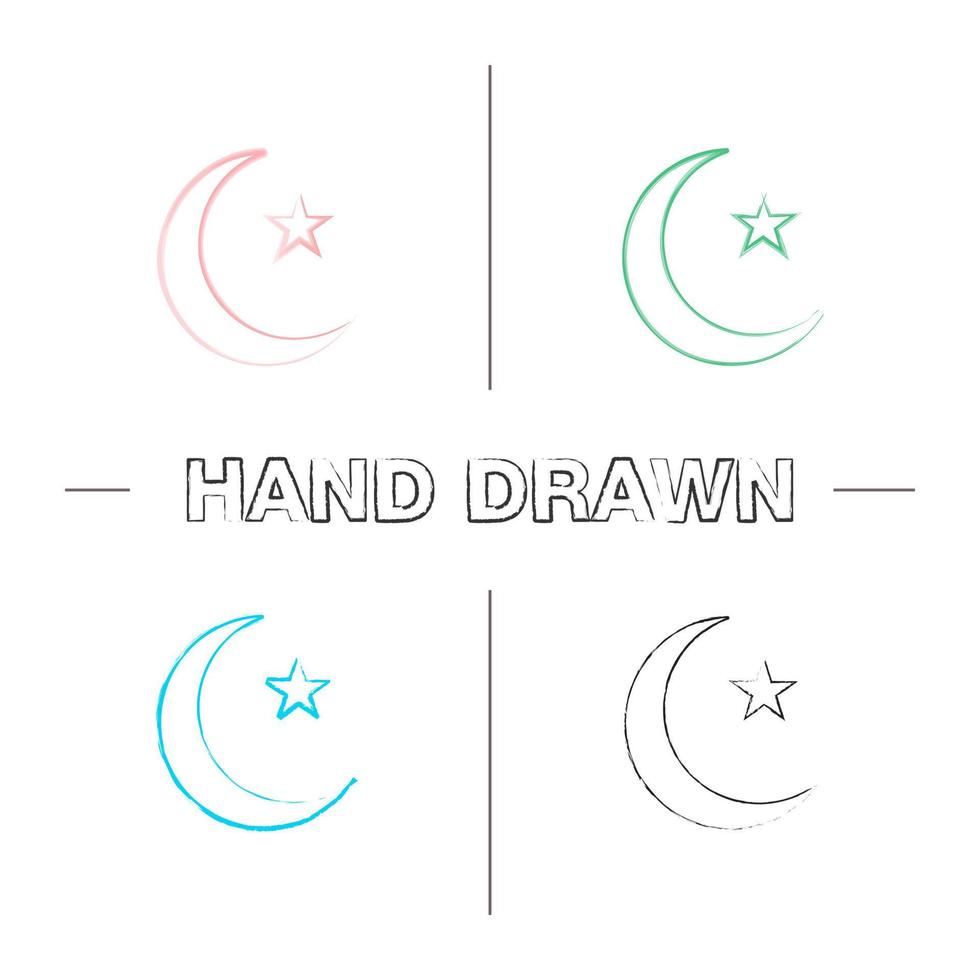 Star and crescent moon hand drawn icons set. Ottoman flag. Ramadan moon. Color brush stroke. Isolated vector sketchy illustrations