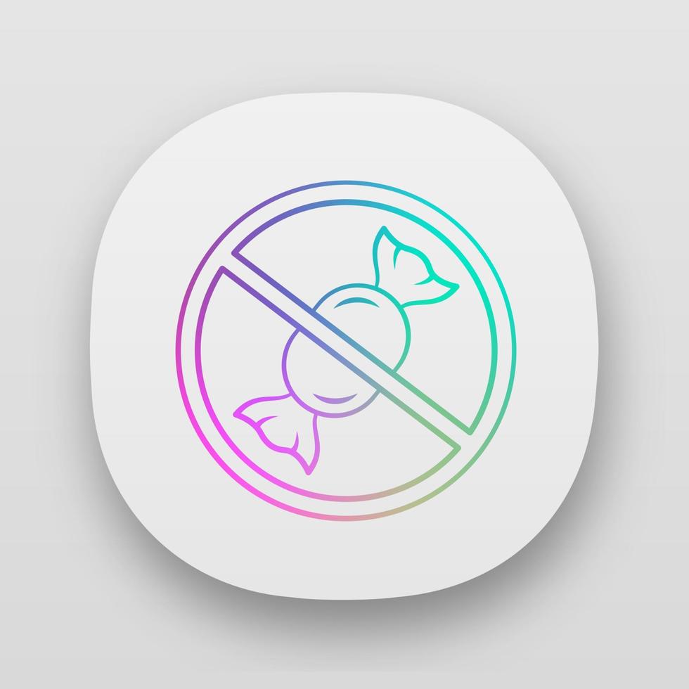 No candies prohibition app icon. Sugar free product. Diabetic diet. UI UX user interface. Confectionery and sweets consuming refuse. Web or mobile application. Vector isolated illustration