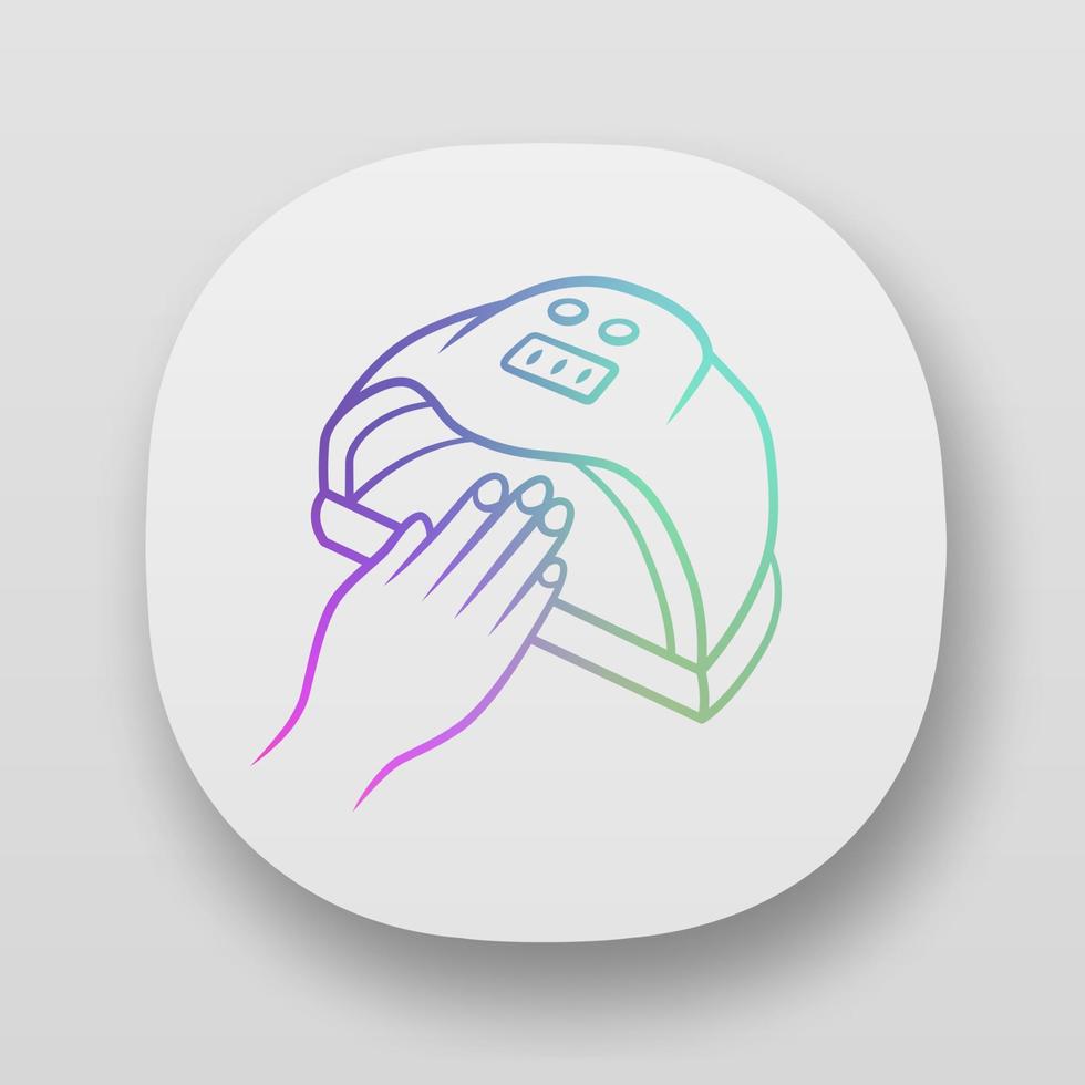 icono de la aplicación de secador de uñas. uv, led, lámpara híbrida. secado de esmalte en gel. Dispositivo de belleza para salón y uso doméstico. higiene de manos. interfaz de usuario ui ux. aplicaciones web o móviles. Ilustraciones de vectores aislados