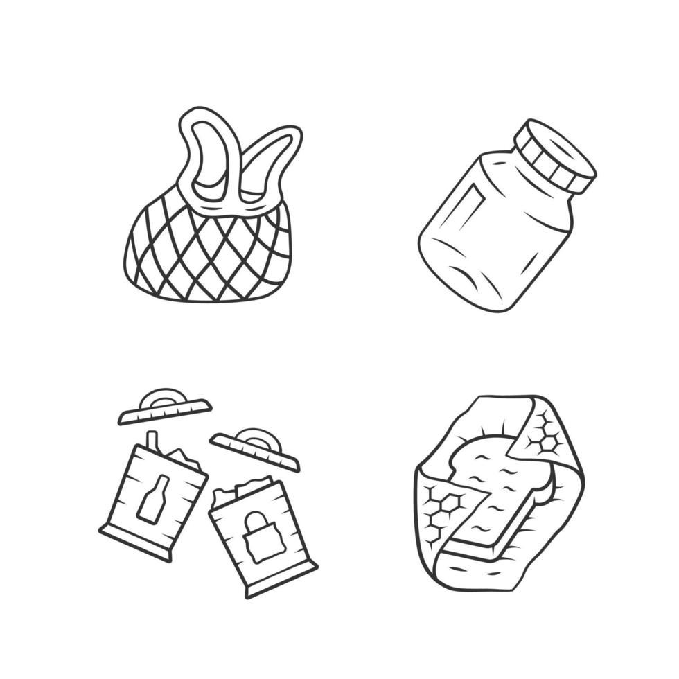 Recyclable kitchen utensils linear icons set. Reusable mesh bag, spices can, beeswax food wrap. Trash sorting bins. Thin line contour symbols. Isolated vector outline illustrations. Editable stroke